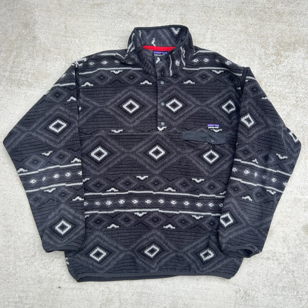 Patagonia Synchilla Snap-T Fleece Large Gray Black Tribal Aztec Pullover L